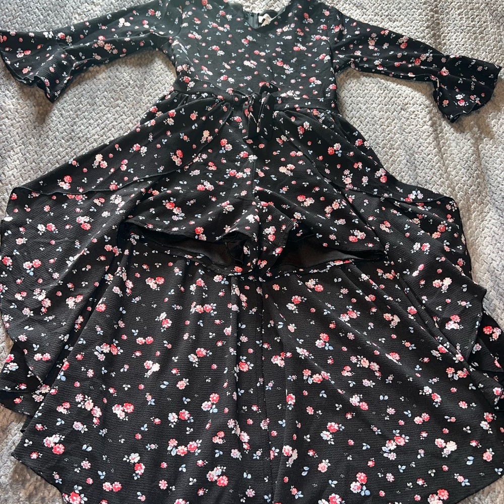 Speechless Black Floral Romper Hi-Low Dress with Pink and Blue Blooms